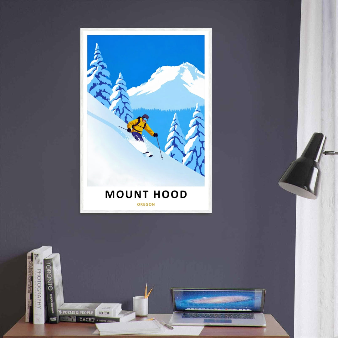 Vertical winter sports illustration capturing a vibrant blue sky over a snow-capped volcano peak, perfect for modern winter cabin styling.