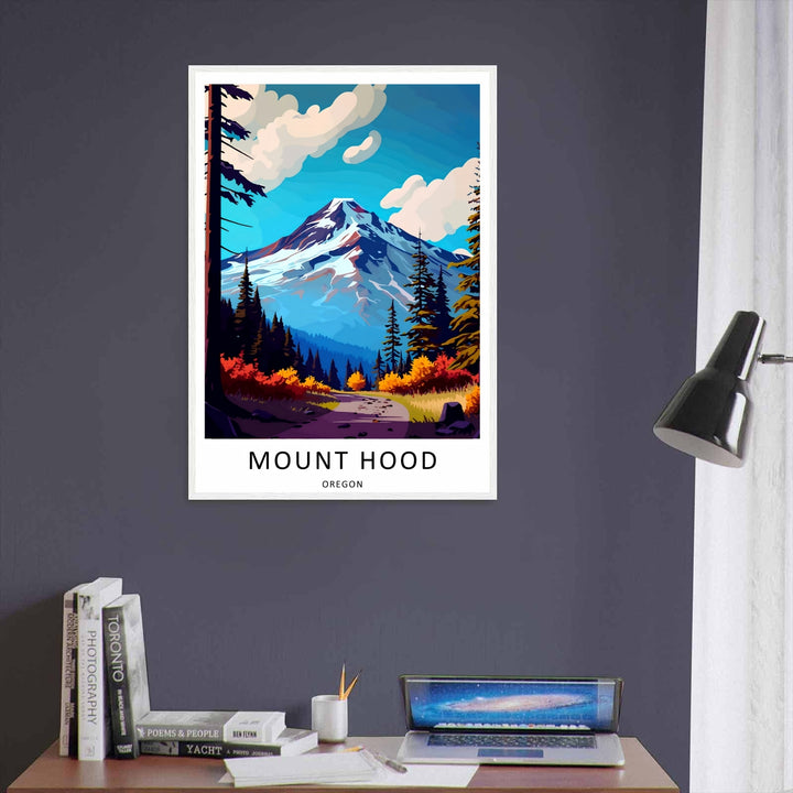 Unframed alpine nature print featuring a rocky wilderness trail lined with vibrant red and golden autumn bushes, printed on museum-grade matte paper.