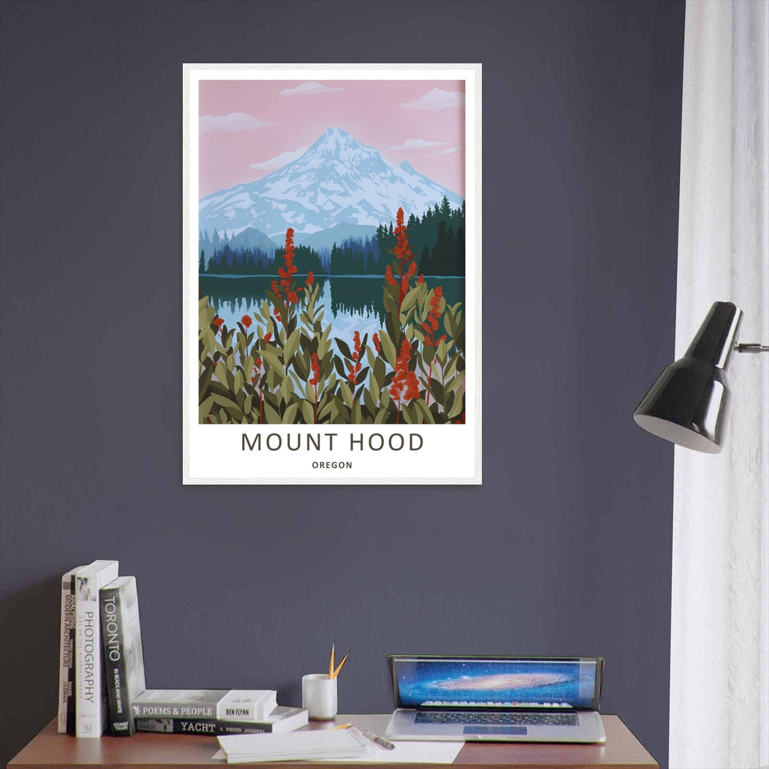 Unframed Oregon lake print featuring a mirror reflection of a snowy mountain peak, printed on museum-grade matte paper.