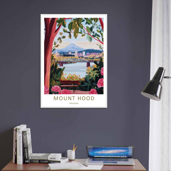 unFramed Pacific Northwest travel poster showcasing a snow-capped volcano rising over a city riverfront, ideal for modern office wall decor.