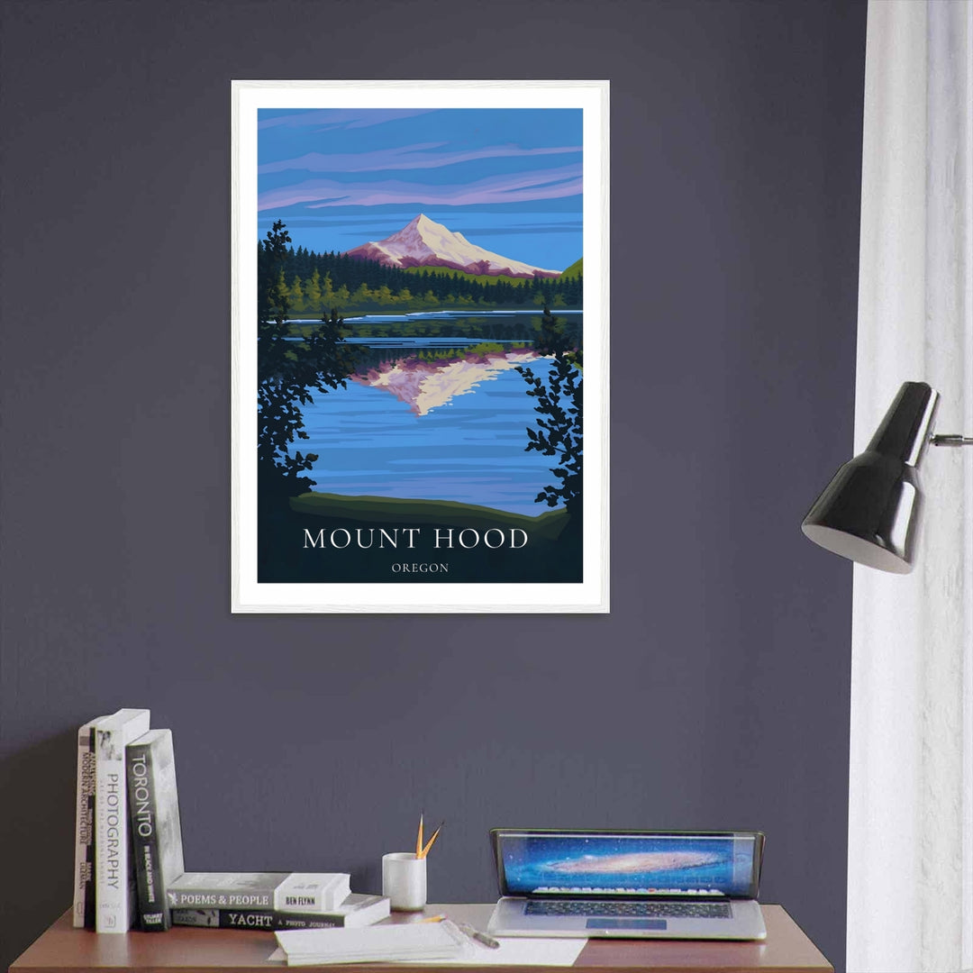 framed Oregon nature print showcasing deep blue water and sharp graphic silhouettes of evergreen pine trees in the foreground, printed on premium matte paper for custom home setups.