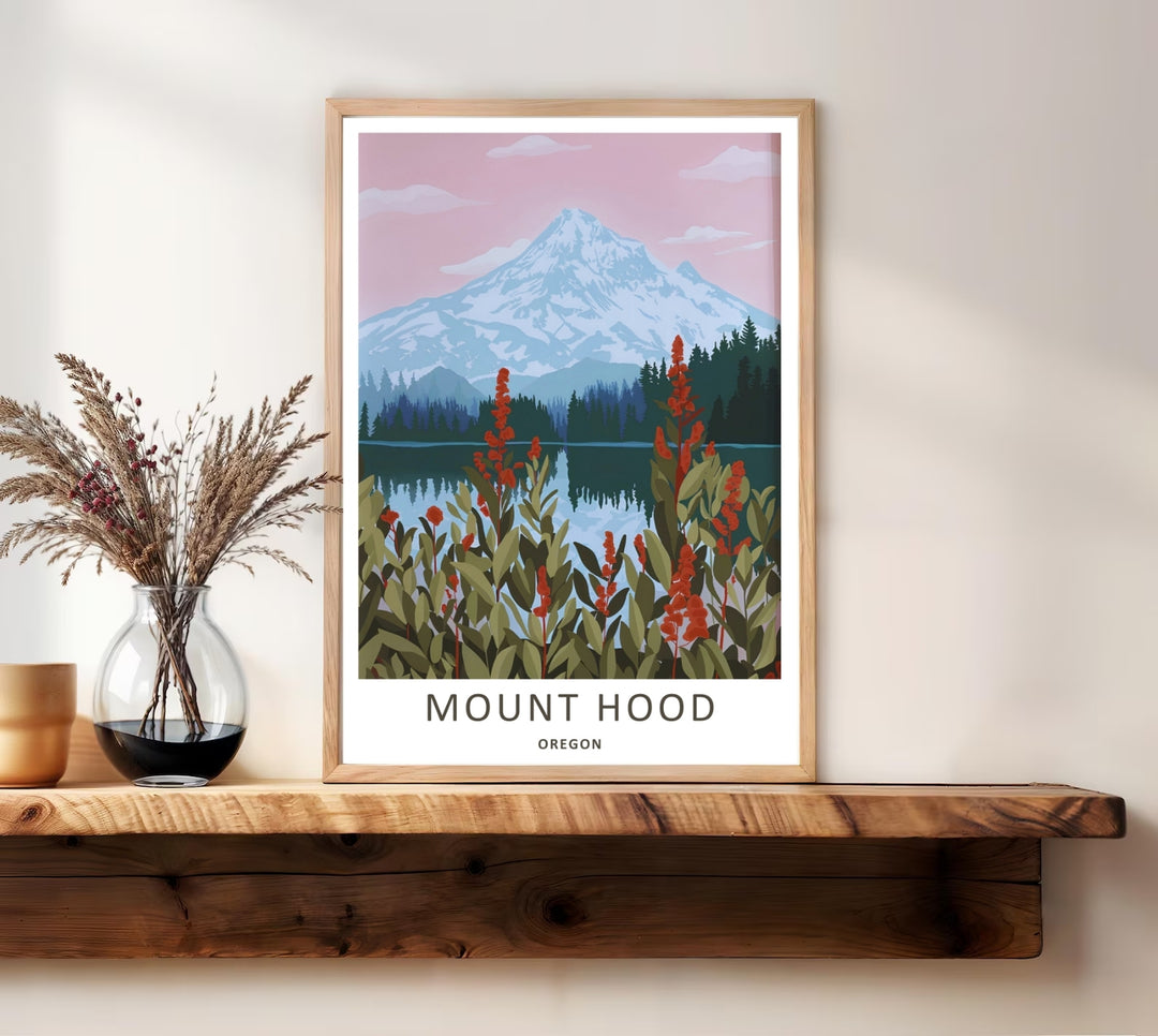 Contemporary Mount Hood poster available in multiple sizes, featuring clean typography reading Mount Hood Oregon across the white border.