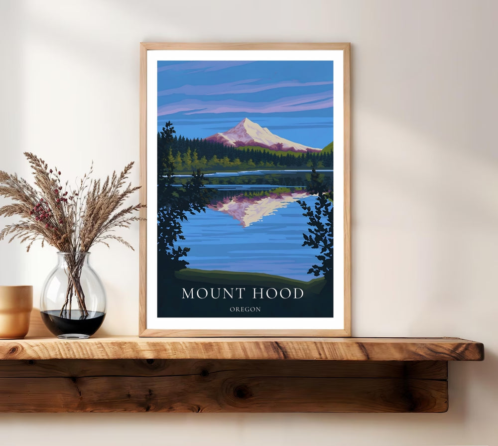 Mount Hood poster print available in framed, unframed, or canvas options. Sophisticated vector graphic combining iconic mountain peaks with clean typography reading Mount Hood Oregon.