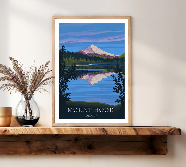 Mount Hood poster print available in framed, unframed, or canvas options. Sophisticated vector graphic combining iconic mountain peaks with clean typography reading Mount Hood Oregon.