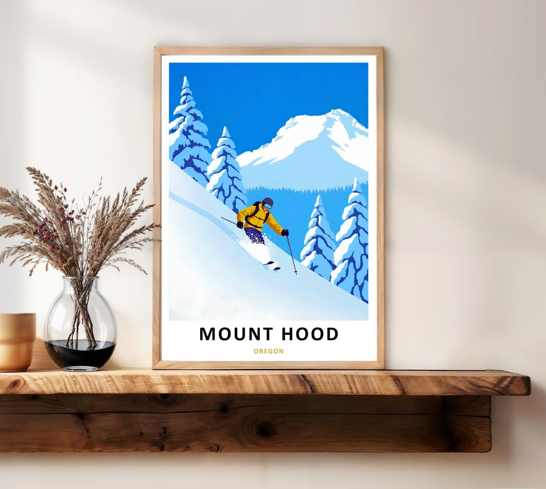 Illustrative mountain recreation scene print with a crisp palette of blue, white, and yellow accents, creating an energetic entryway statement.