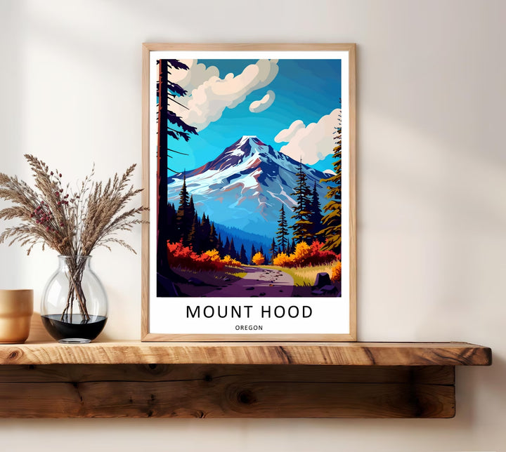 Mount Hood Oregon Graphic Landscape Art Print – Cascade Range Autumn Trail Poster