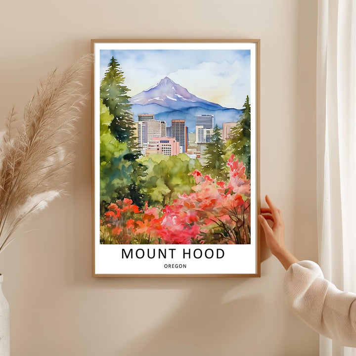 Detailed view of the Portland cityscape and mountain wall art print displayed in a wooden frame, featuring soothing wilderness and city watercolor textures for a contemporary home.