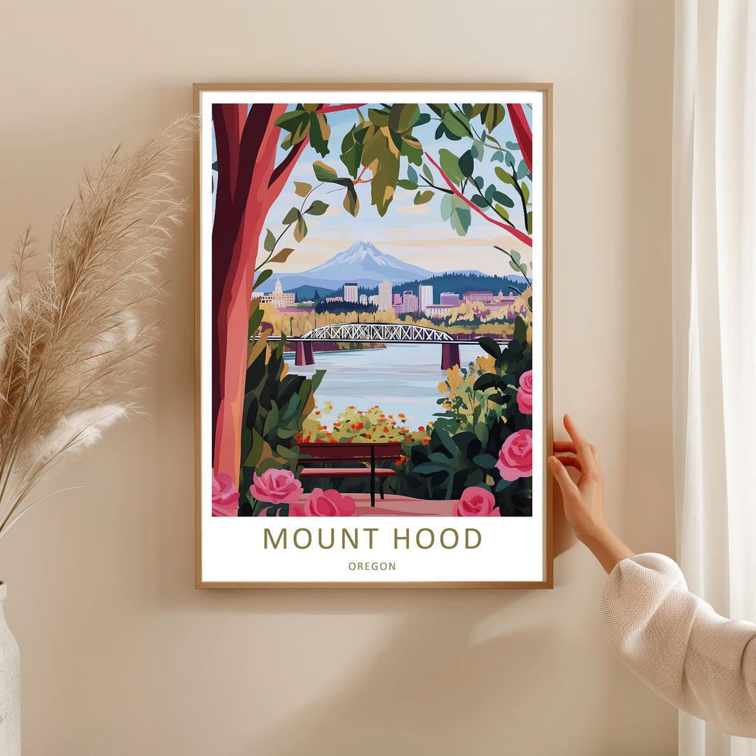 framed city and nature print featuring a detailed Portland skyline beyond a steel bridge, printed on museum-grade matte paper.