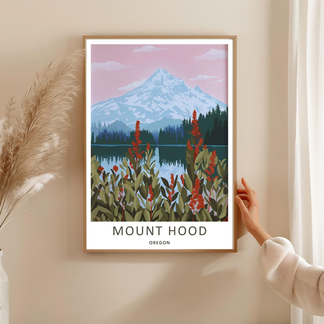 Vertical landscape illustration capturing a pink morning sky over a dense evergreen forest lining a calm alpine lake front.