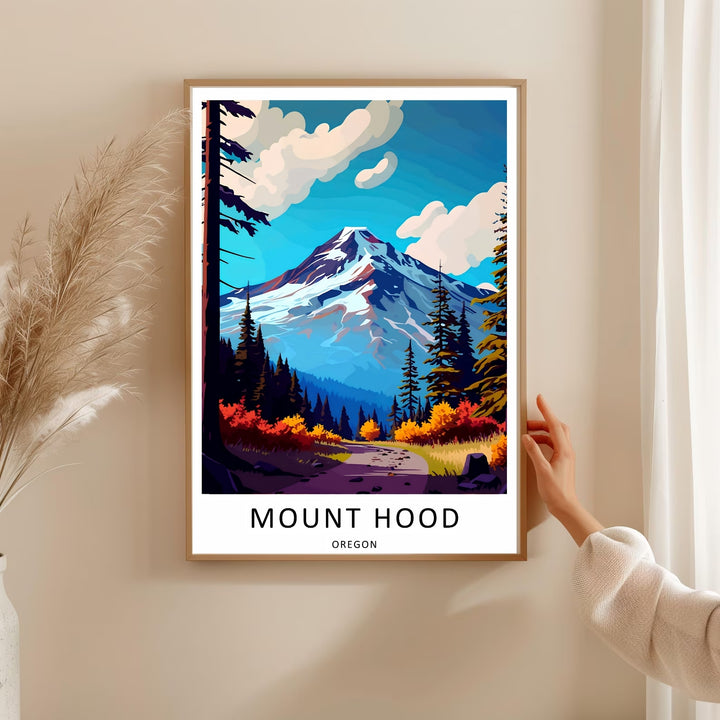 wooden framed print of an Oregon mountain landscape with bold graphic shapes and deep green pine trees, perfect for contemporary home styling.