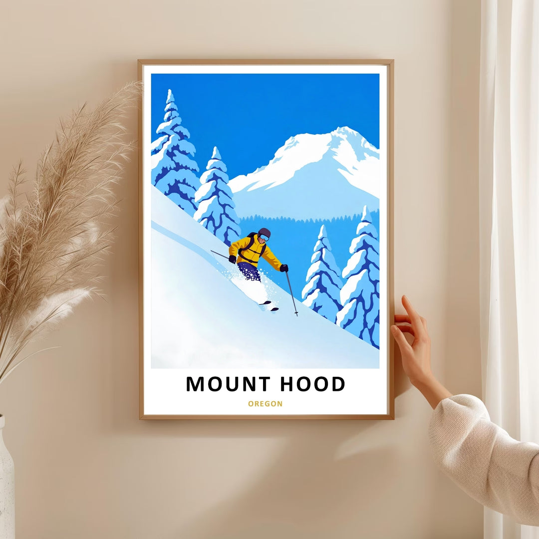 Detailed close-up view of a sports-themed art print, highlighting a downhill skier kicking up a fresh spray of white powder.