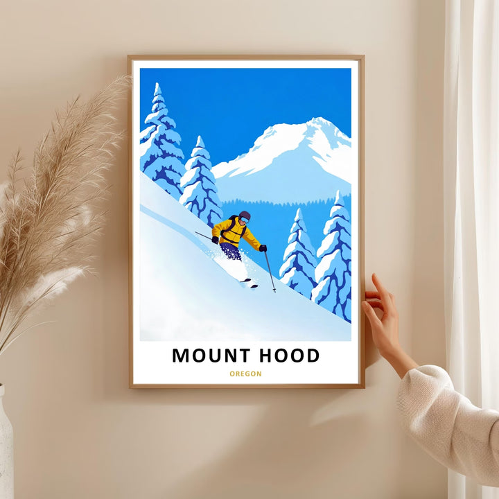 Detailed close-up view of a sports-themed art print, highlighting a downhill skier kicking up a fresh spray of white powder.
