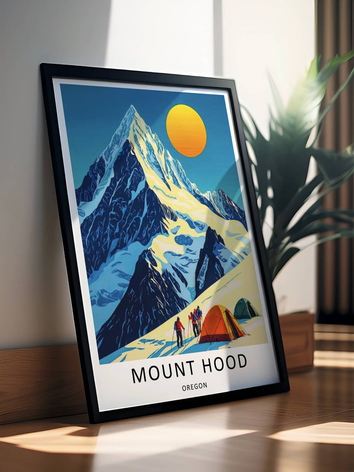 Artistic mountaineering poster styled in a minimalist bedroom, showing how the bold blue and golden palette creates an energetic wall statement.