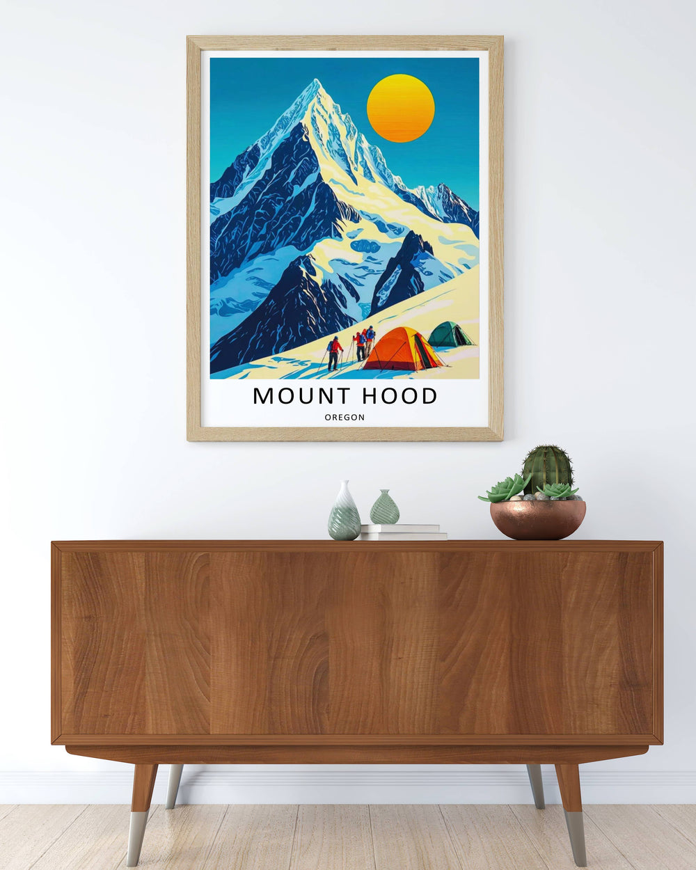 Vibrant wall art capturing high-altitude basecamp life with an orange expedition tent pitched on an icy incline under a turquoise sky.