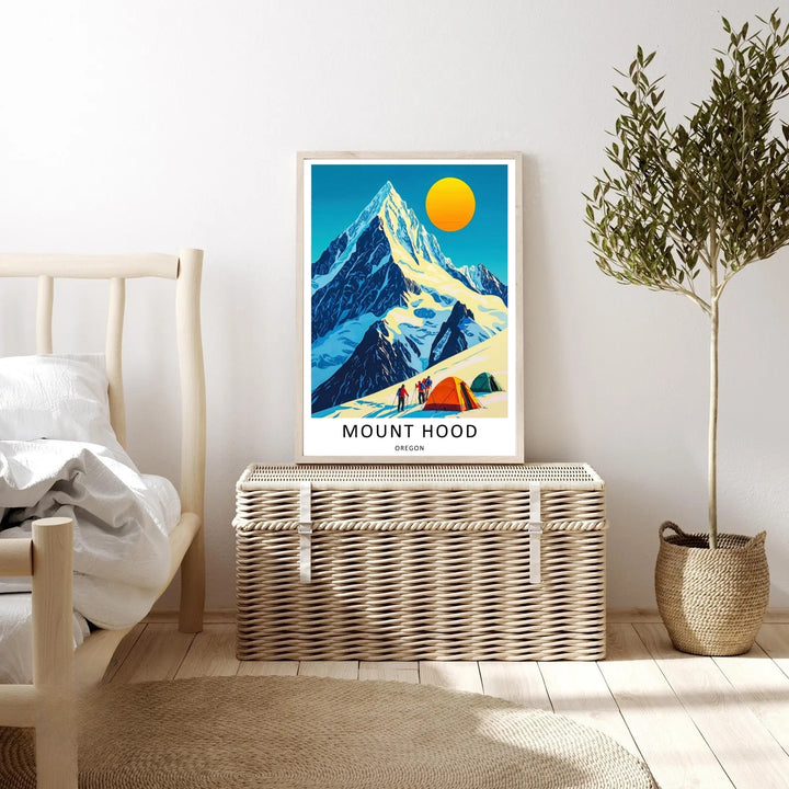 Modern mountain wall decor highlighting clean typography that reads Mount Hood Oregon along a crisp white lower border.