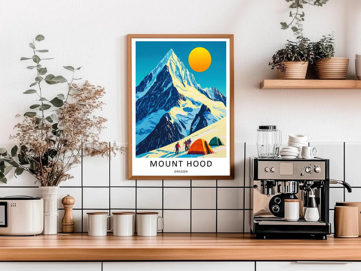 High-contrast Pacific Northwest illustration centered on a massive, radiant golden-yellow sun shining directly over a steep mountain summit.