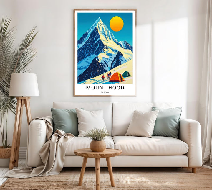 A beautifully framed vertical print highlighting the contrast between cold glacier ice and warm expedition gear, ready to hang.