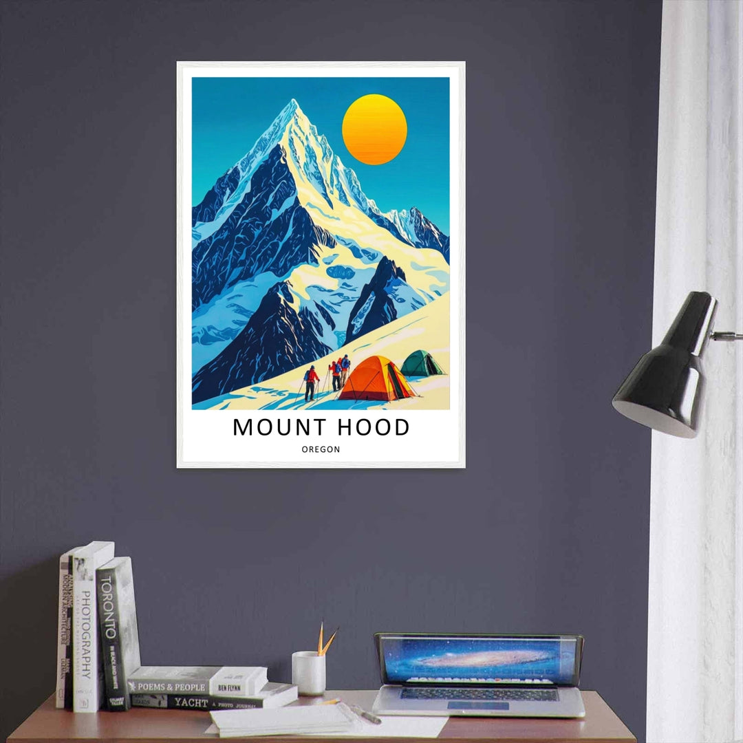 An illustrative view from a snowy mountain ledge looking up at a jagged peak, printed on heavyweight archival matte paper.