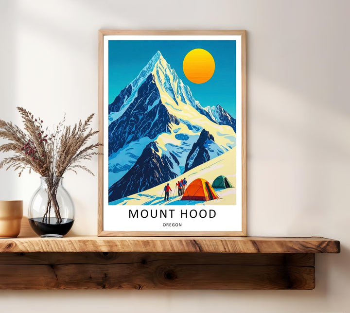 A striking art print featuring a teal camping tent nestled in sunlit snowfields, making an inspiring focal point for a rustic home office or cabin.