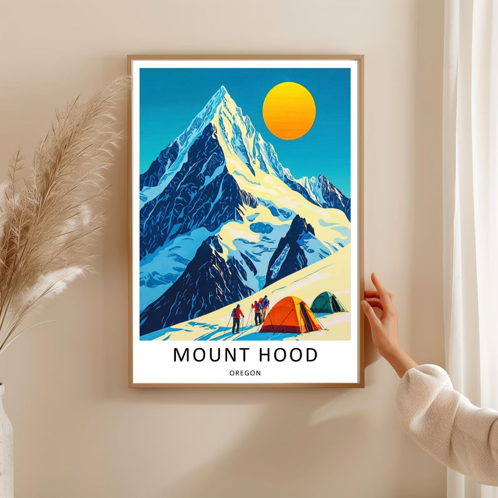 Colorful geometric illustration of Oregon's highest peak, using rich navy and indigo tones to define sharp, vertical rock ridges.