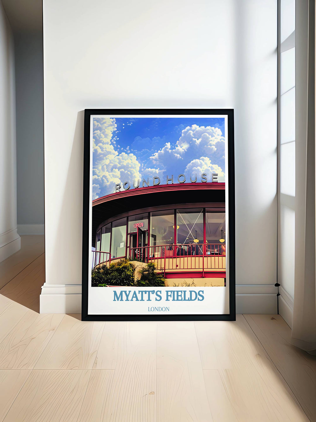Art print of Myatts Field Park in London, showcasing its lush landscapes and tranquil pathways, ideal for nature lovers.
