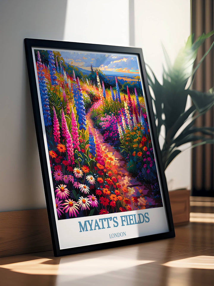 Classic travel poster style art of Londons famous parks, including Myatts Field and the ornamental gardens.