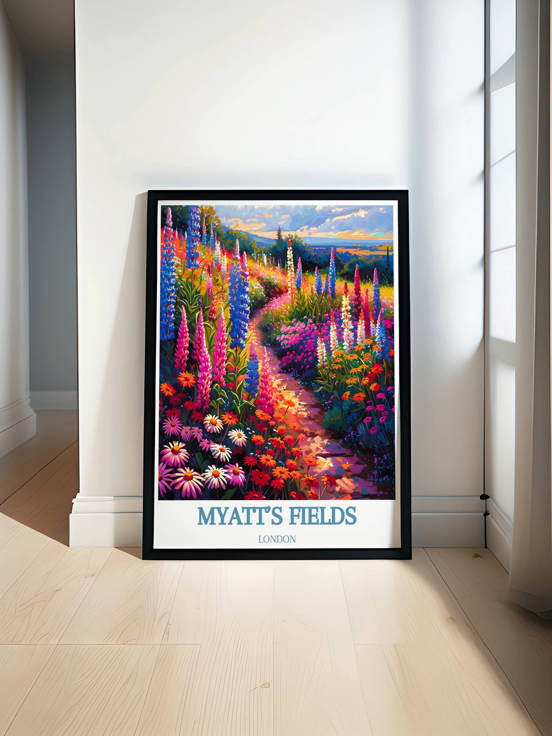Gallery wall art of Myatts Field featuring lush greenery and colorful flower beds, perfect for enhancing any living space with natural beauty.