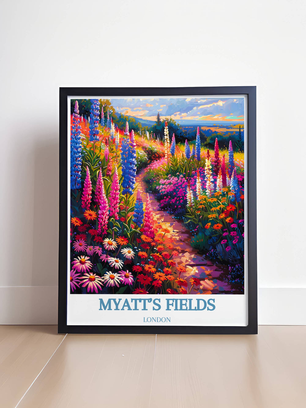 Framed art depicting the ornamental gardens during spring bloom, showcasing detailed landscaping and vibrant colors.