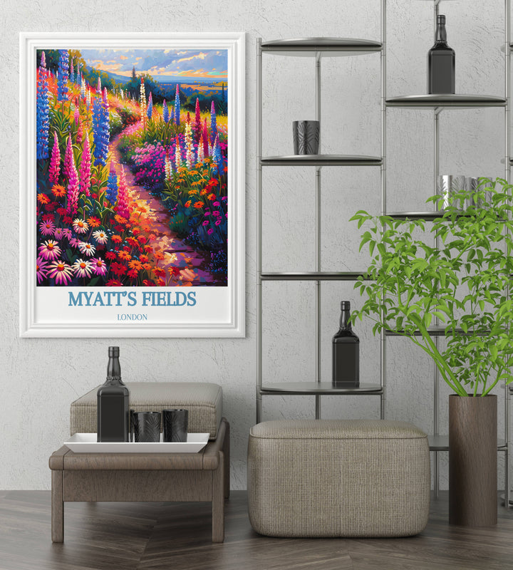 Artistic rendering of a peaceful afternoon in Myatts Field, ideal for adding a serene touch to home decor.
