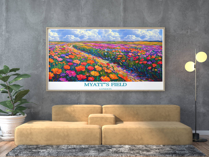 Art print featuring the tranquil pathways of Myatts Field, a serene addition to any living space.