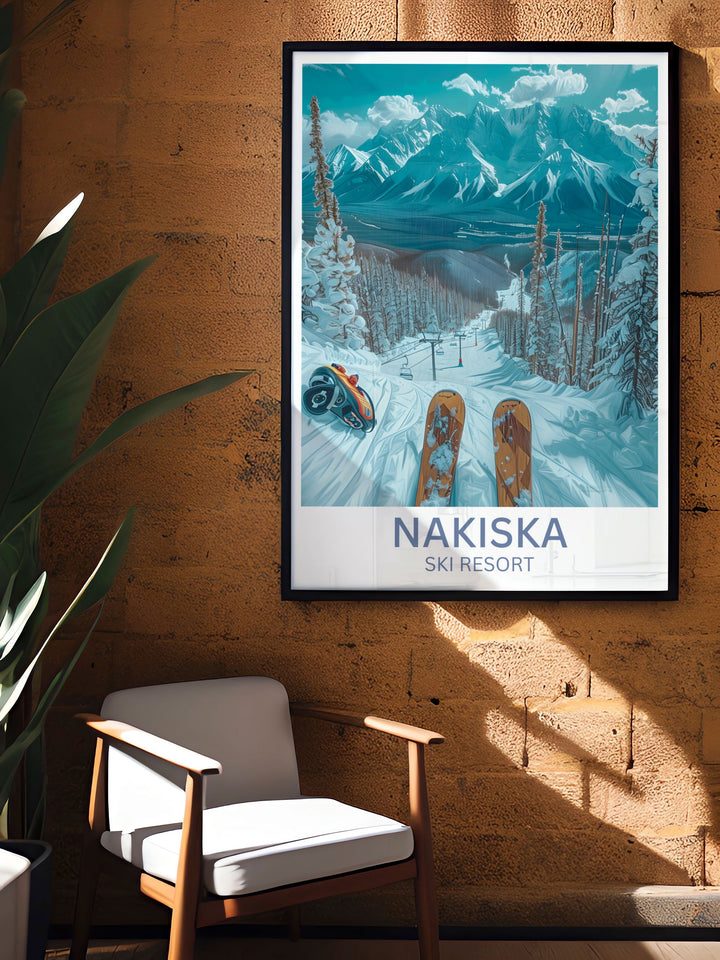 Modern graphic print of a snowboarder at Nakiska, combining action with scenic mountain backgrounds.