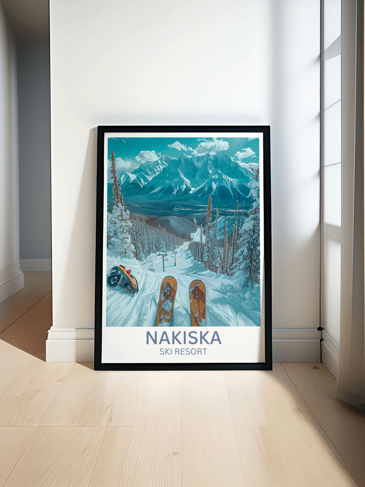 Fine art print of Nakiska Ski Resort with skiers on the slopes, perfect for any winter sports enthusiasts wall.