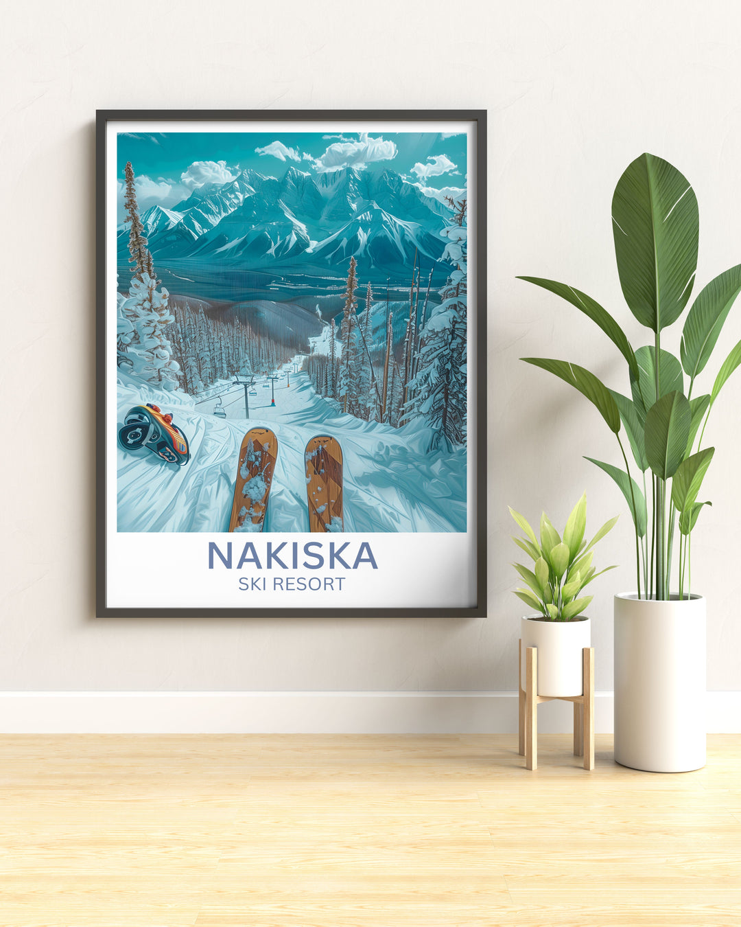 Vintage style poster of Nakiska Ski Resort, capturing the classic charm of skiing in Alberta.