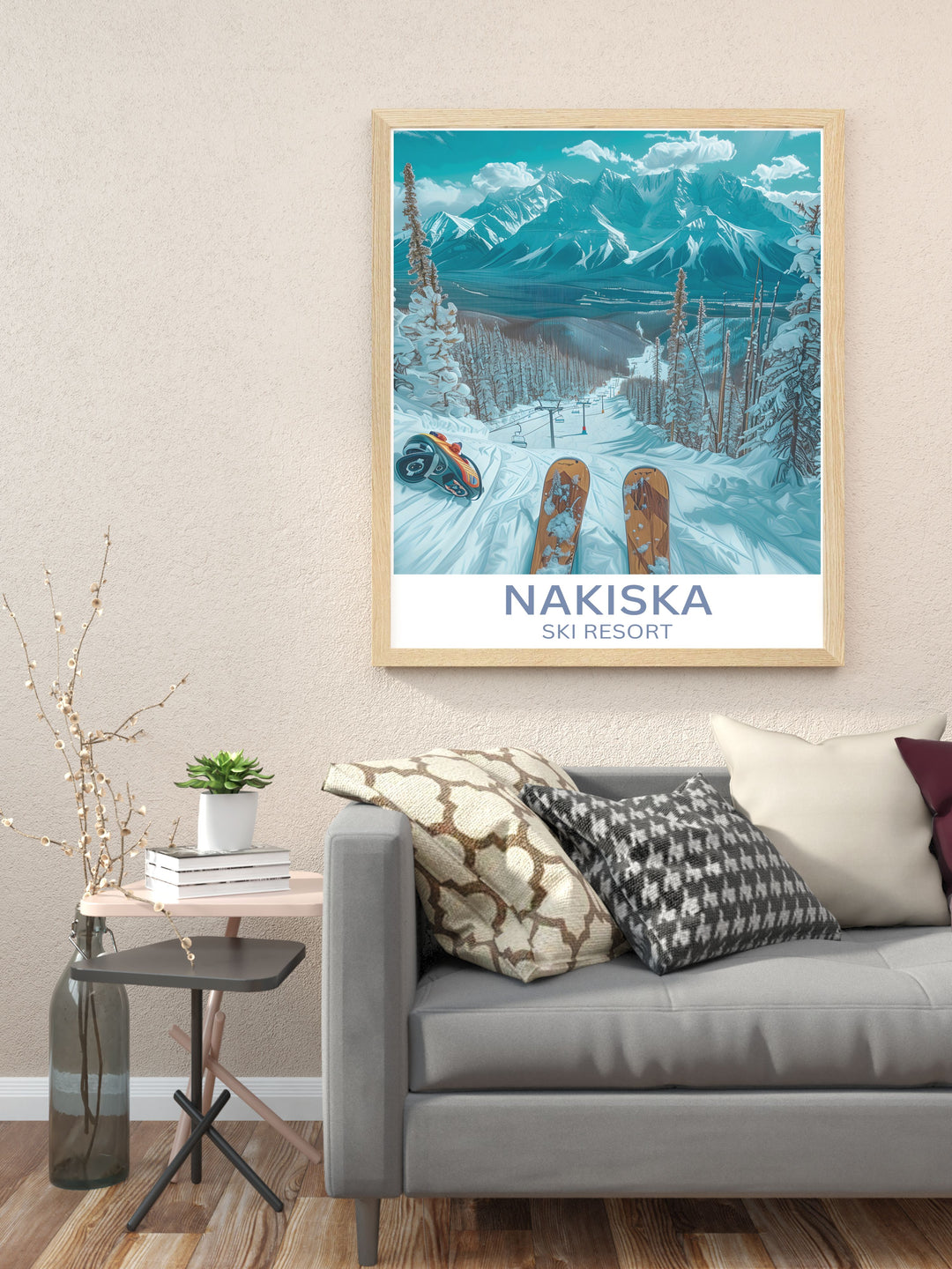 Detailed artwork of Nakiska Ski Resorts busiest slopes during peak season, perfect for a ski lodge decor.
