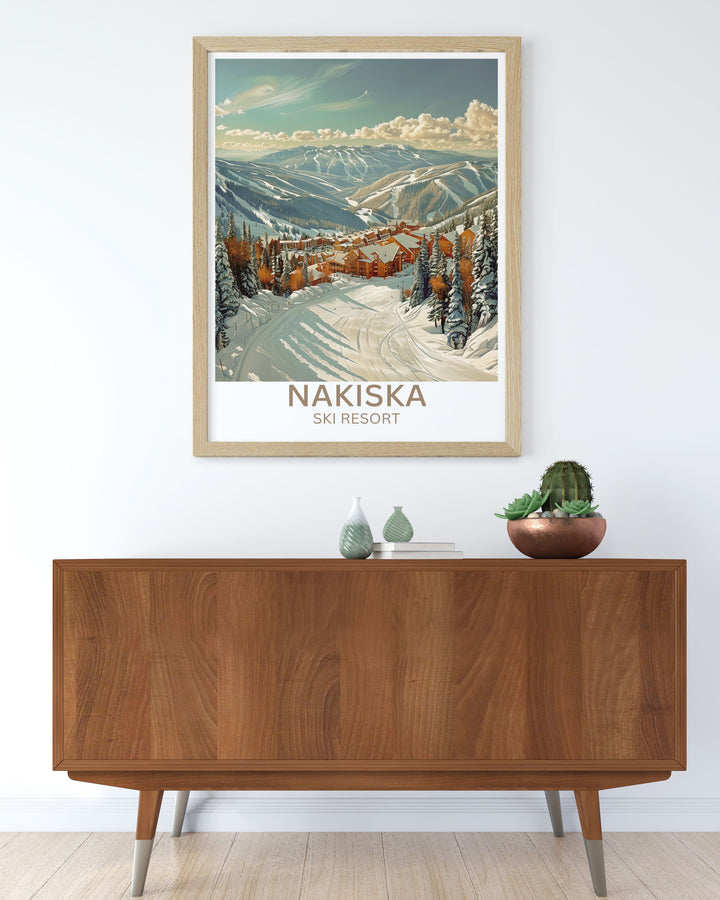 A lively depiction of snowboarding thrills at Nakiska, tailored for youthful décor themes.