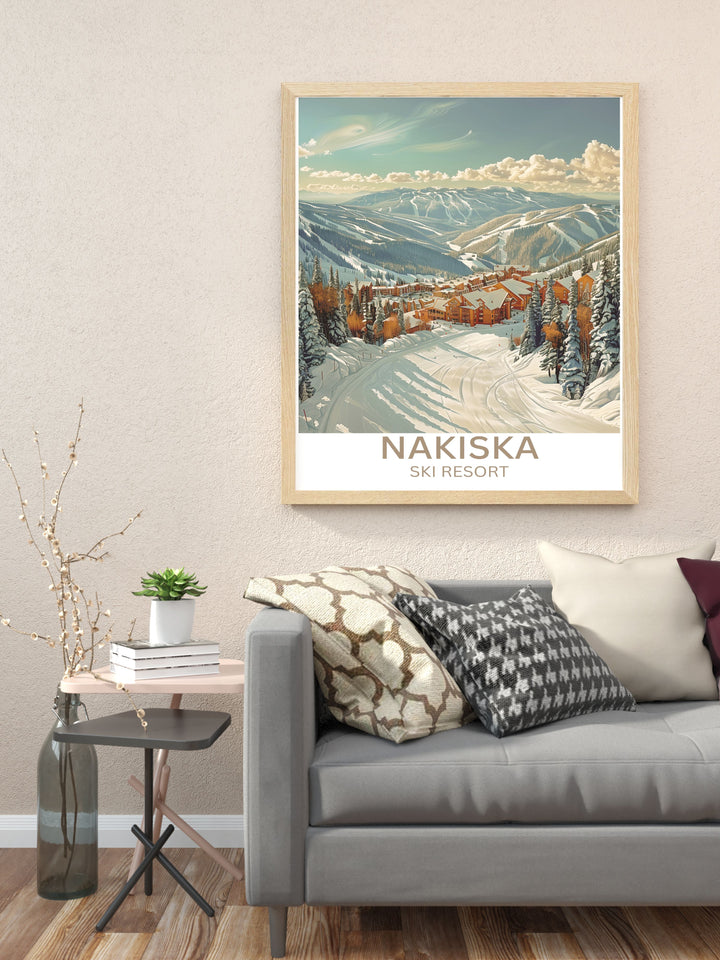 Artistic representation of Mount Allans panoramic summer views, a contrast to its winter scenes.