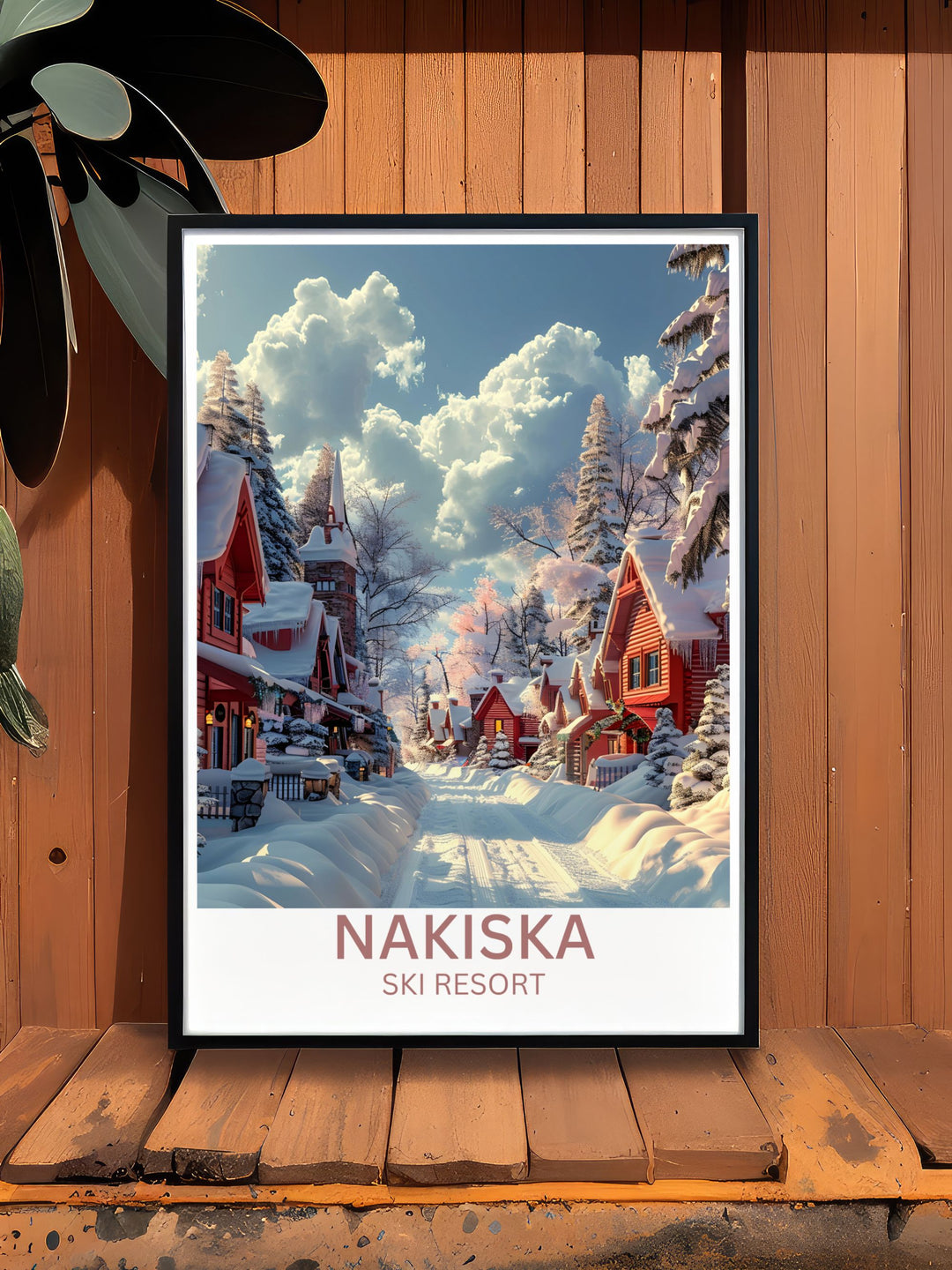 Elegant artwork featuring the serene mornings at Nakiska, with skiers preparing for the days adventures.