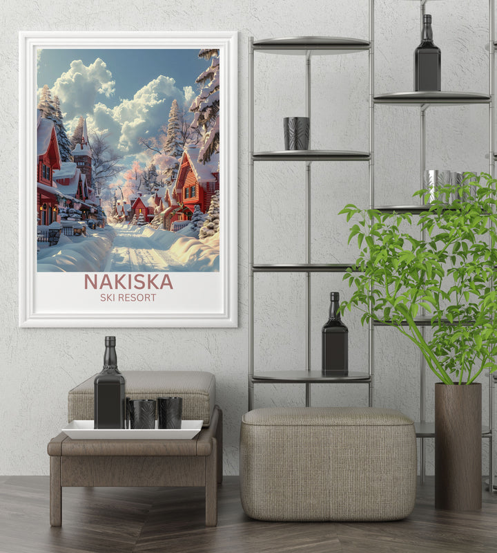 Nakiska Resort Village during a vibrant winter festival, captured in a lively and colorful poster.