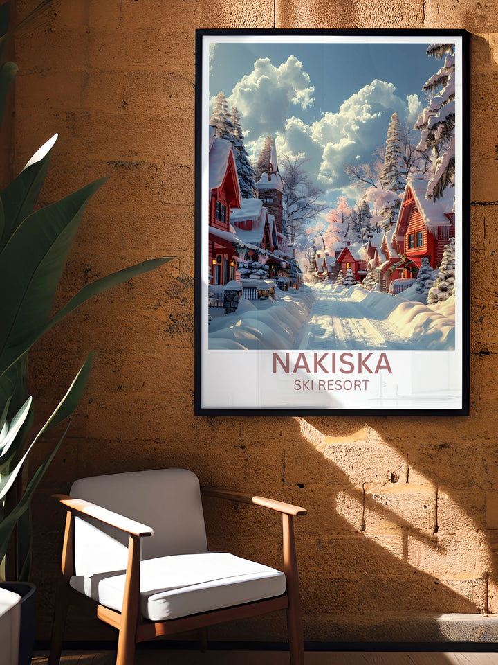 Classic travel poster style of Nakiska with a modern twist, showing skiers and snowboarders in action.