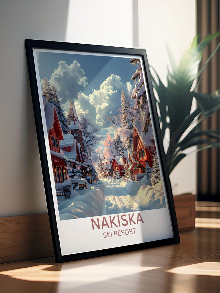 Vintage poster of Nakiska Ski Resort, featuring classic ski gear and retro designs for a nostalgic touch.