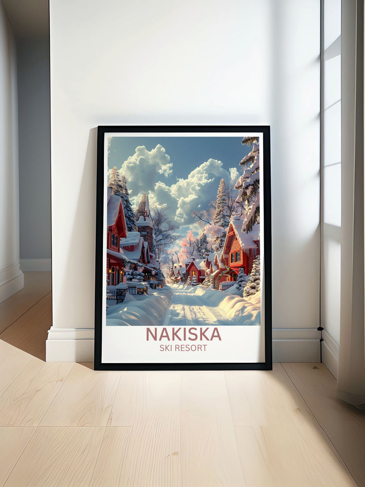 Modern wall decor of Nakiska Resort Village, showcasing skiers on the slopes with vibrant energy and snow capped mountains.