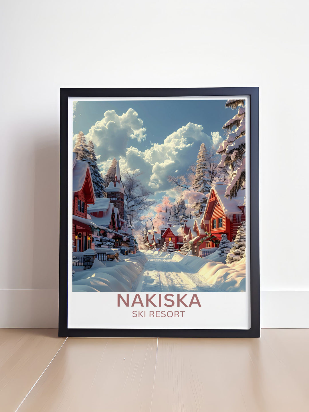 Wall art of Nakiska Ski Resort capturing the bustling ski lifts and alpine trees, perfect for a ski lovers retreat.