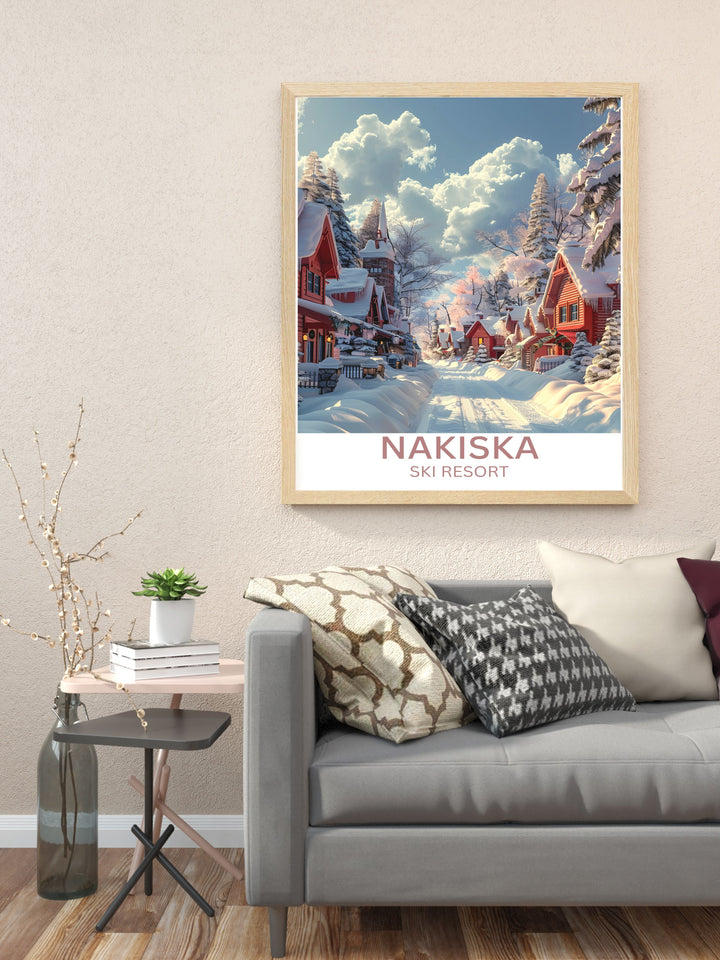 Artistic rendition of a family ski trip at Nakiska, ideal for personalizing a family room or den.