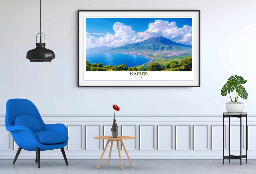 Retro travel poster of Mount Vesuvius, capturing its eruption history and allure for adventurers.