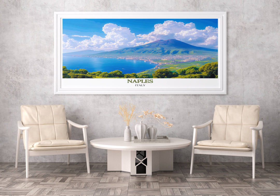 Customizable art print featuring a panoramic view of Naples and Mount Vesuvius, tailored for personal or office decor.