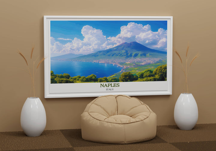 Artistic depiction of Naples colorful architecture with Mount Vesuvius at sunset, enhancing any gallery wall.