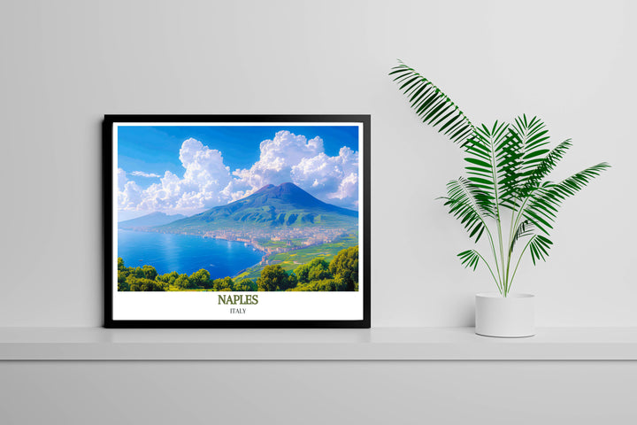 Detailed artwork showing the lush slopes of Mount Vesuvius, a natural landmark of Italy.
