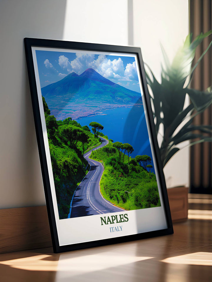 Naples Florida travel print featuring Mount Vesuvius backdrop combines urban charm with historic elements.
