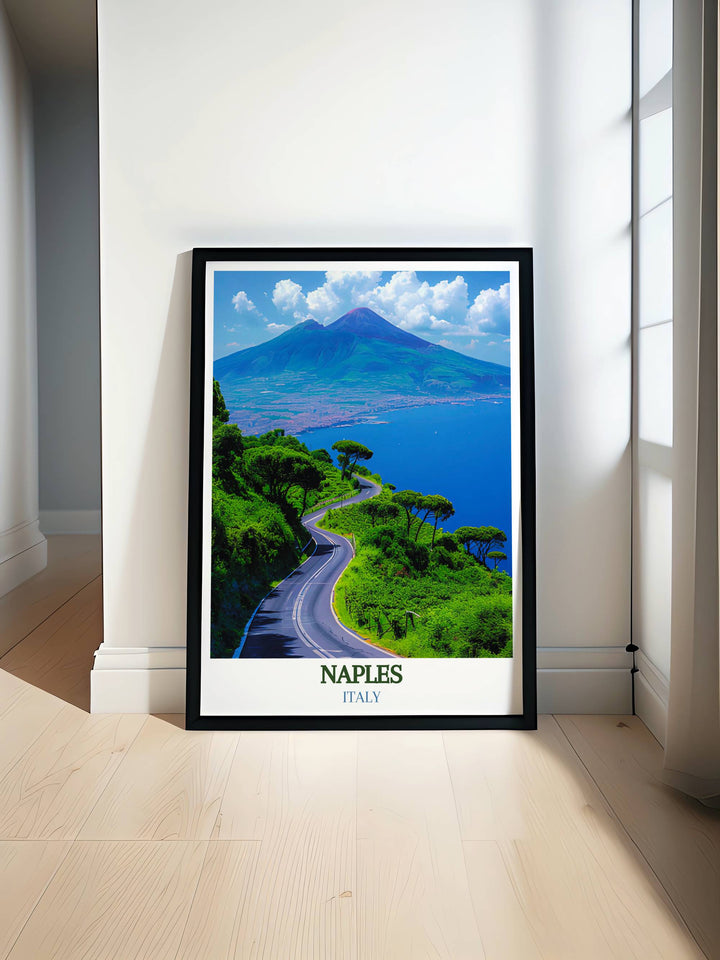 Detailed print of Mount Vesuvius as seen from Naples Florida vibrant colors highlight this iconic volcano.