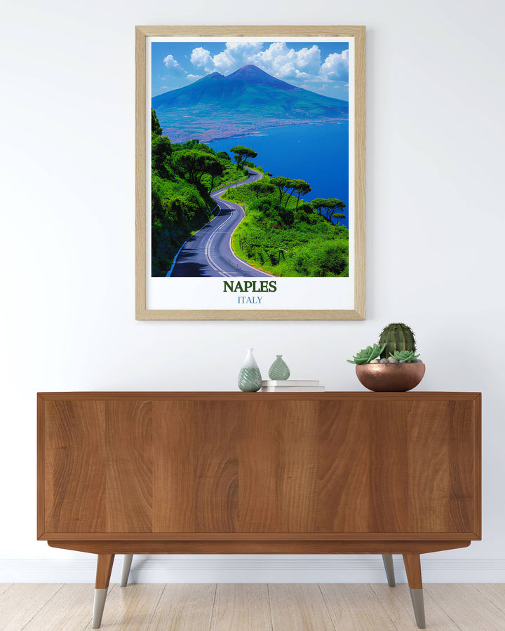 Naples Florida travel print featuring Mount Vesuvius backdrop combines urban charm with historic elements.